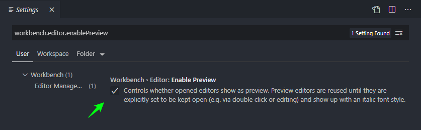 workbench.editor.enablePreview setting in VSCode